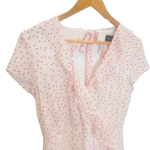 Womens Bardot Dress Size 10 Wrap White Red Polka Dots Tie Back Mini Short Ruffle - Picture 4 of 10